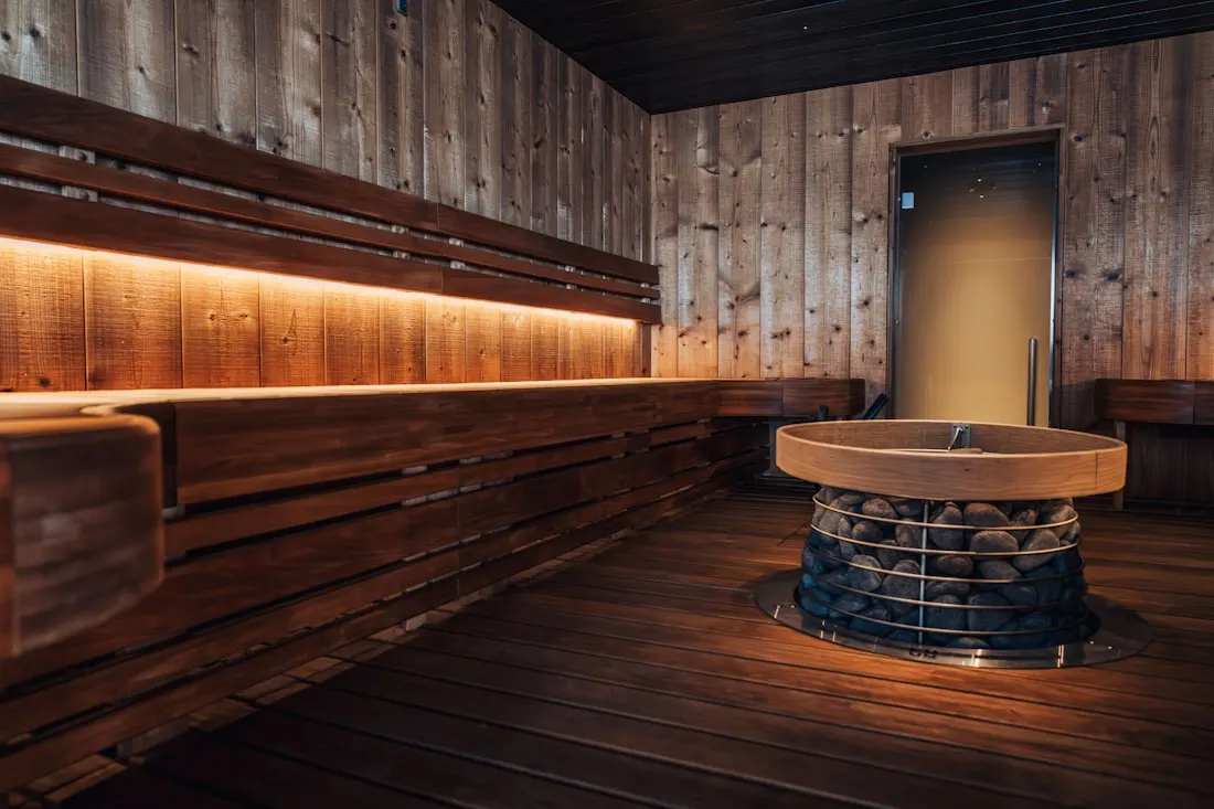 Wooden sauna interior with benches