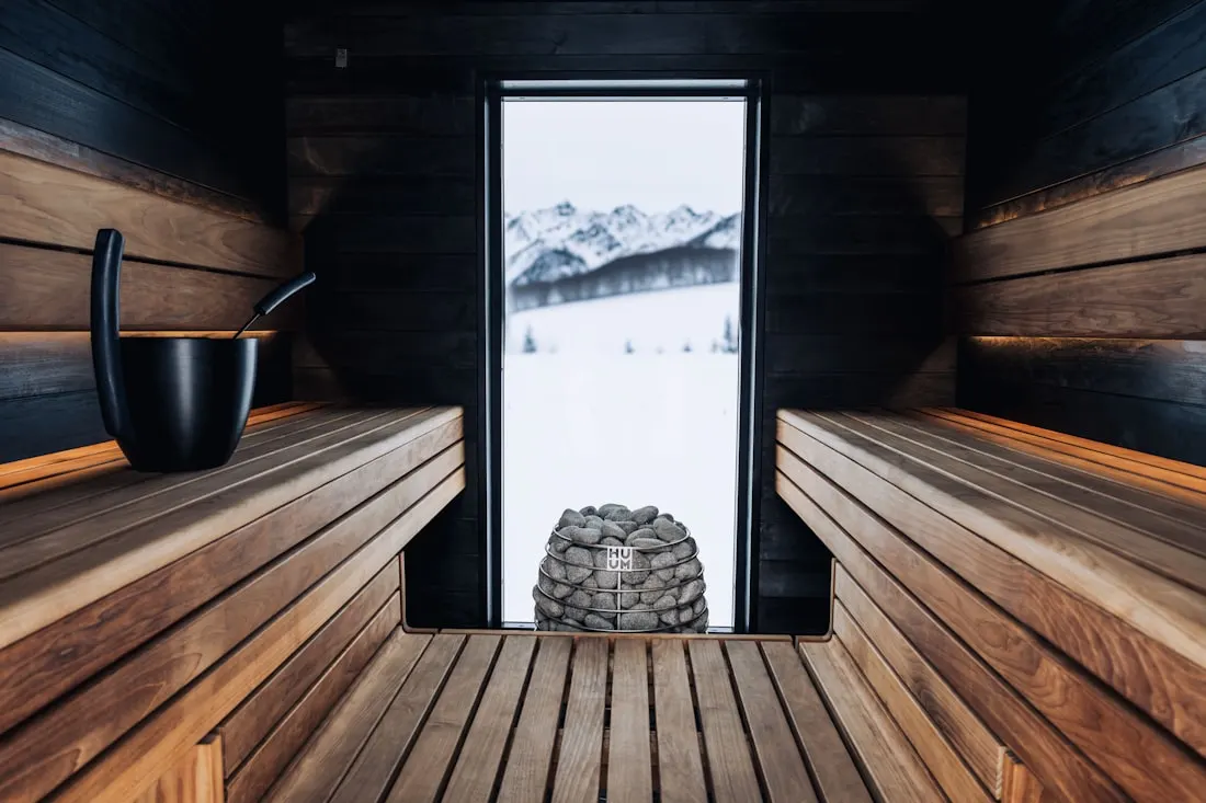 Sauna interior with window and heater stones